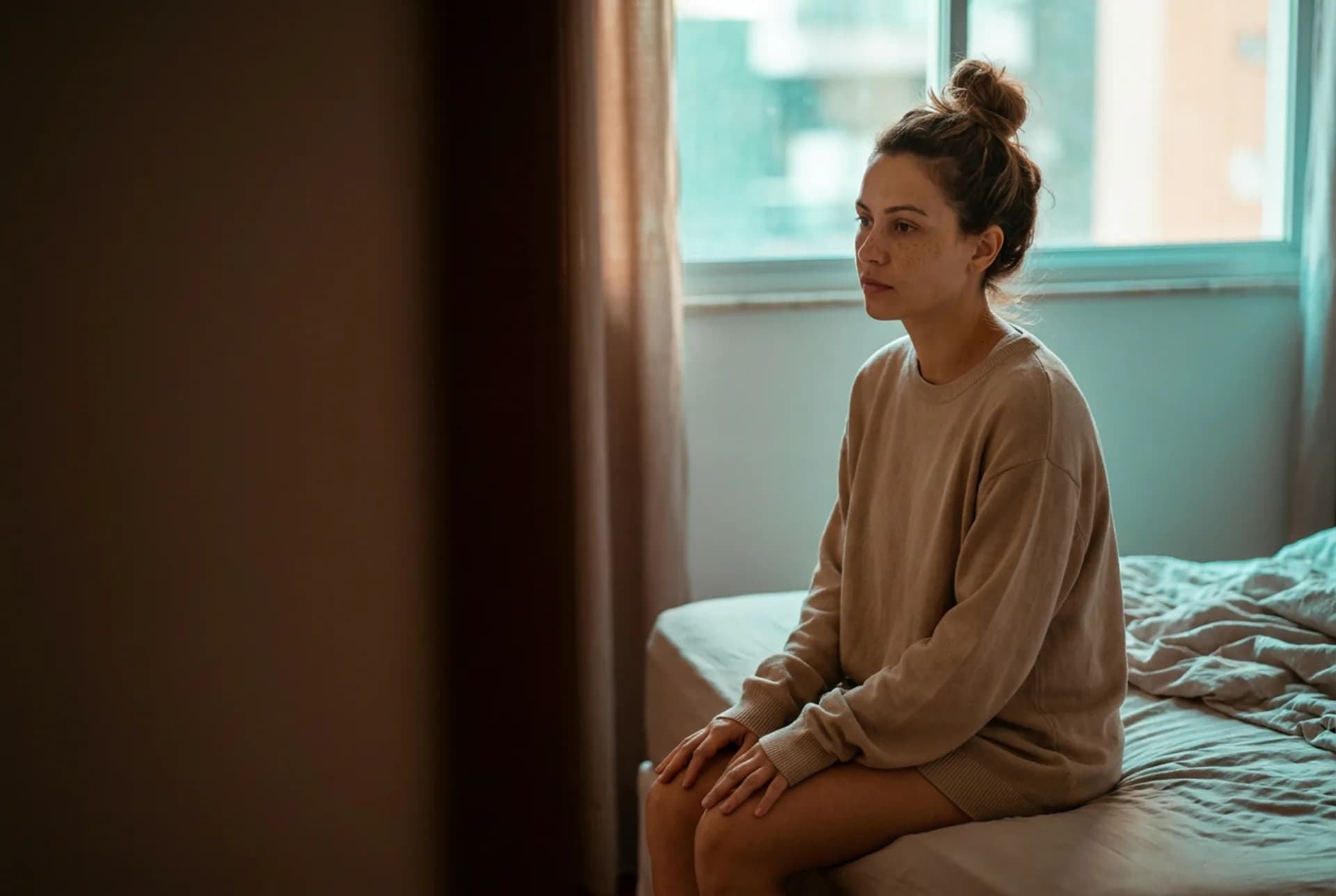 Persona sentada al borde de la cama, manos en las rodillas — el momento en que sube la prisa