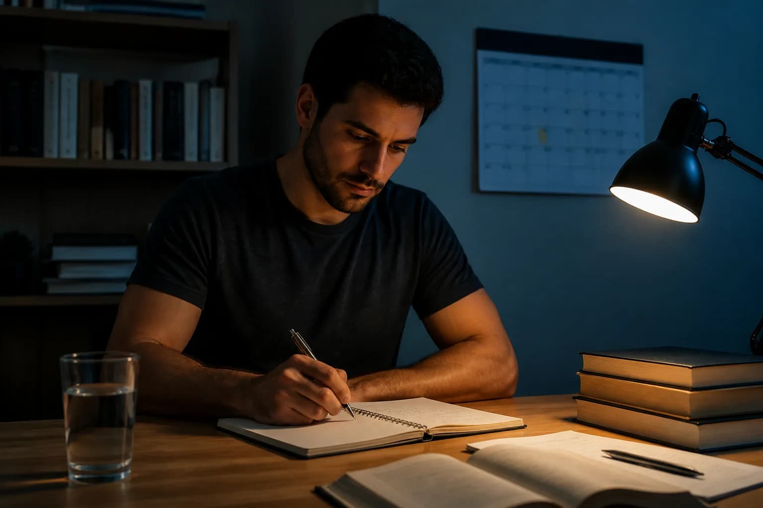 Mesa de estudio de noche, un cuaderno abierto bajo la lámpara, el resto del material en sombra