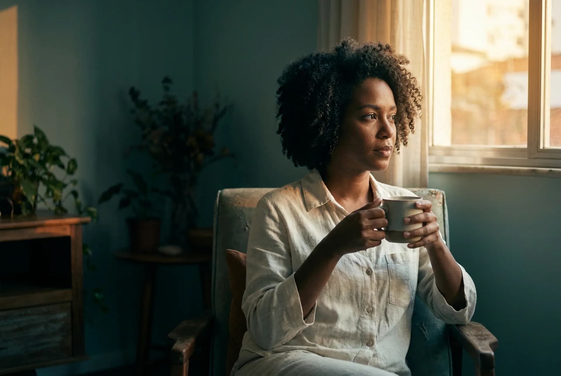 Mujer en un sillón junto a la ventana con una taza — un espacio tranquilo para hablar