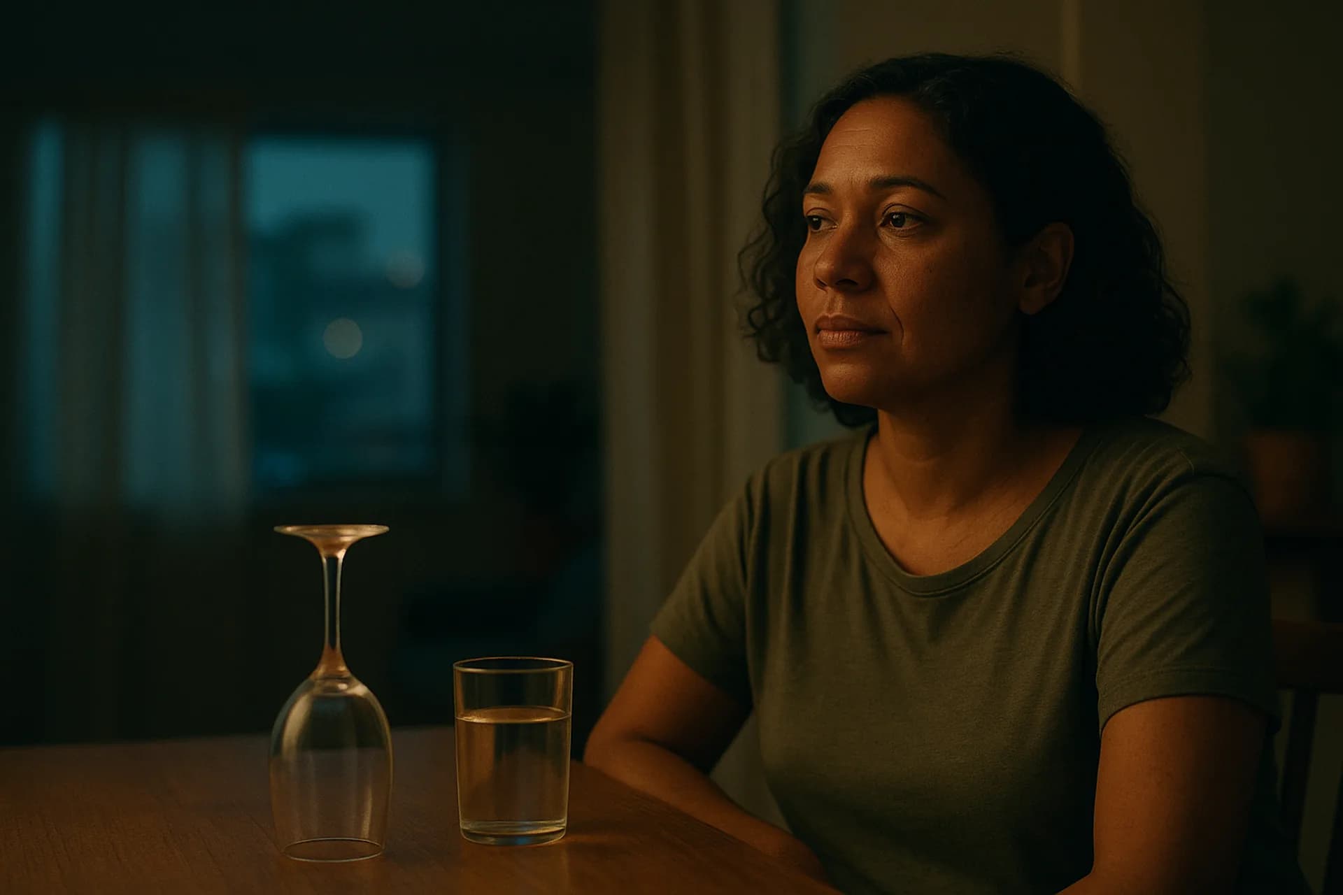 A glass turned down on the table — a decision in progress, a conversation available