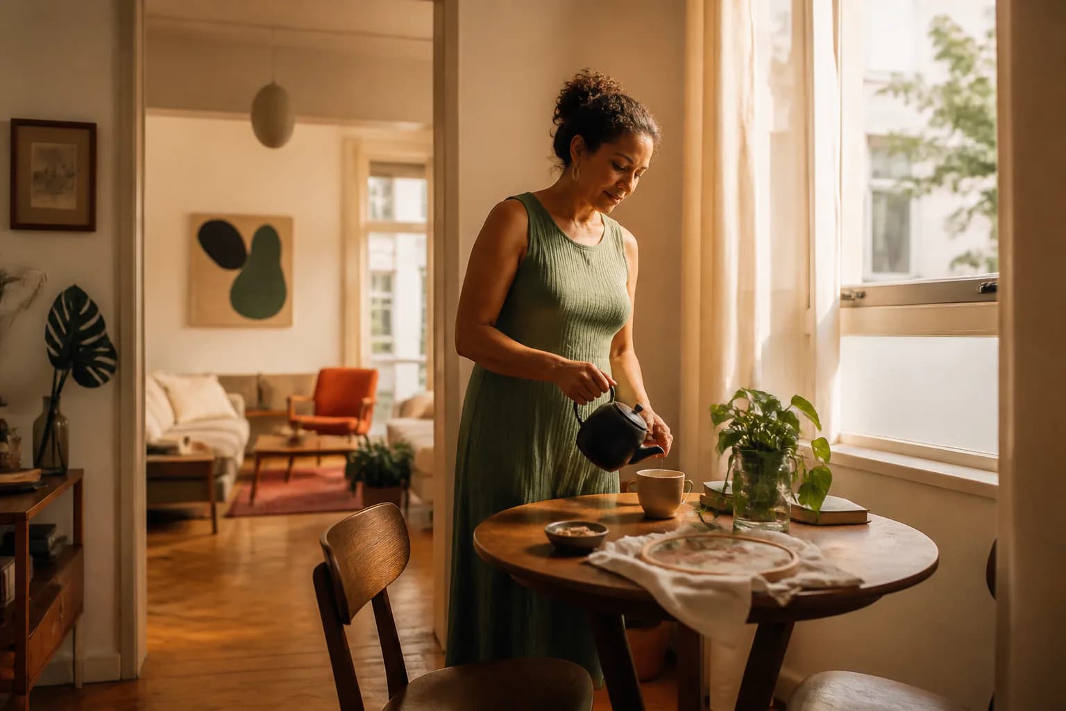 Mulher preparando chá em casa, iluminada pela luz quente do fim da tarde