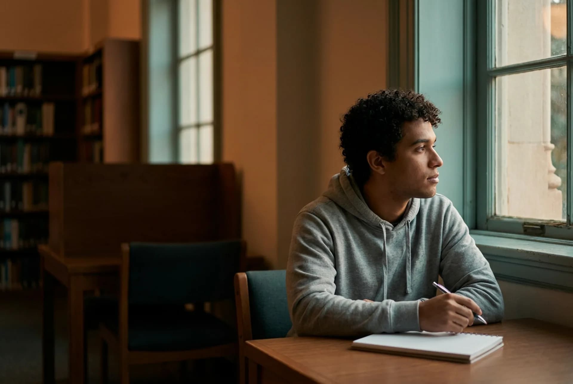 Carrel de biblioteca com caderno fechado — ritmo universitário calmo