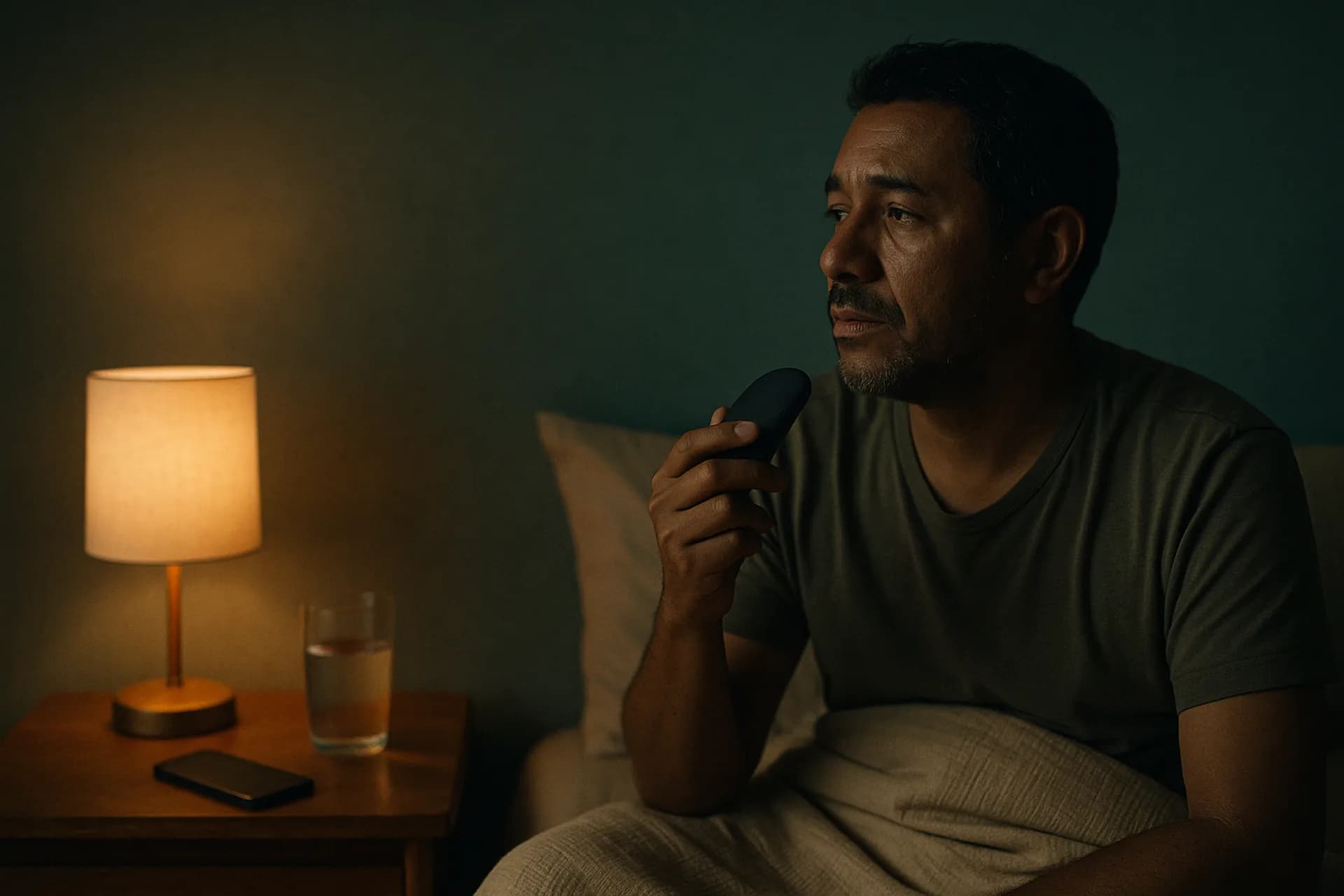 Lámpara encendida, persona acostada con el teléfono, desacelerando antes de dormir