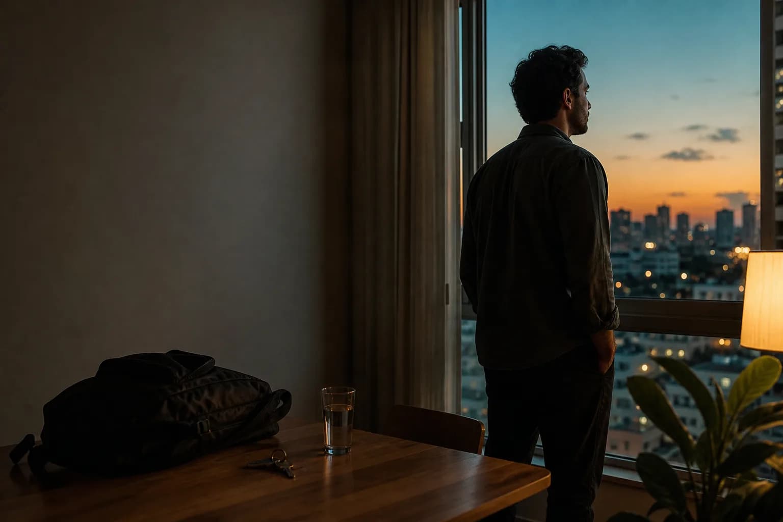 Una persona en la ventana al atardecer del domingo, con la mochila ya lista sobre la mesa