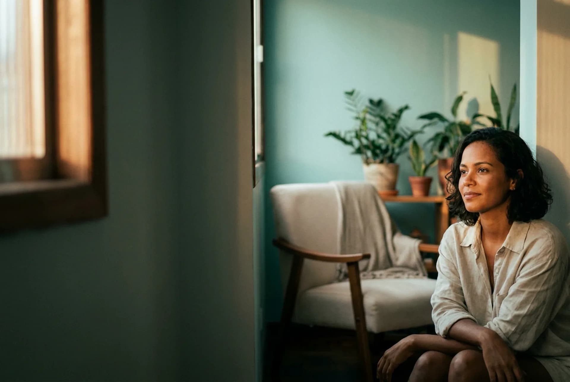 An empty chair next to soft light — Sofia's presence
